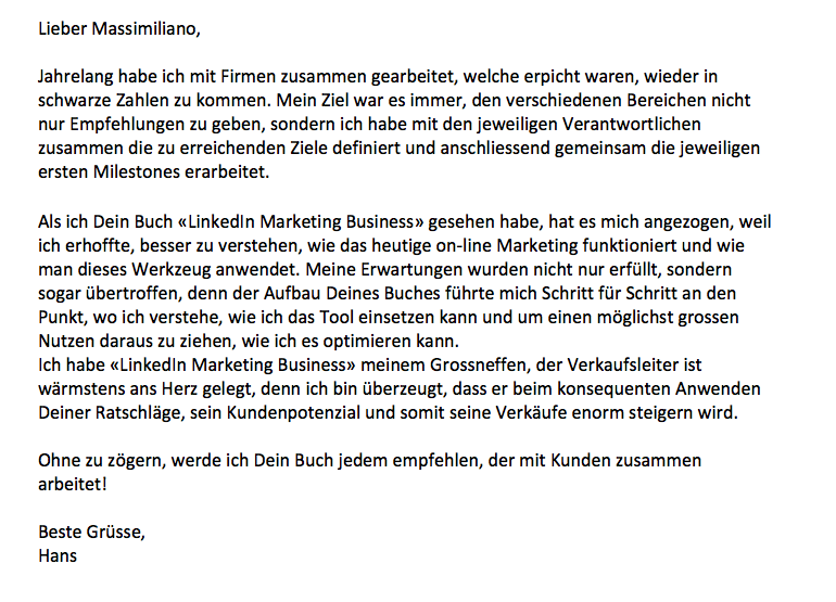 Testimonial Buch Linkedin Marketing Business in Text von Hans Luchsinger