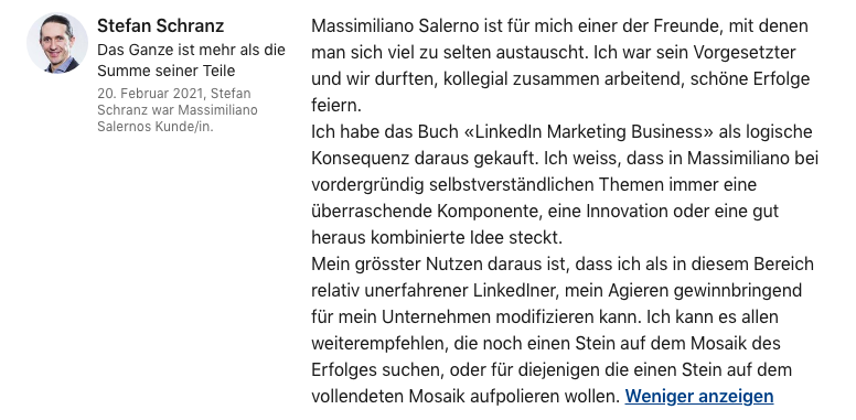 Testimonial Stefan Schranz Linkedin Marketing Business Buch vom Bestseller Autor Massimiliano Salerno