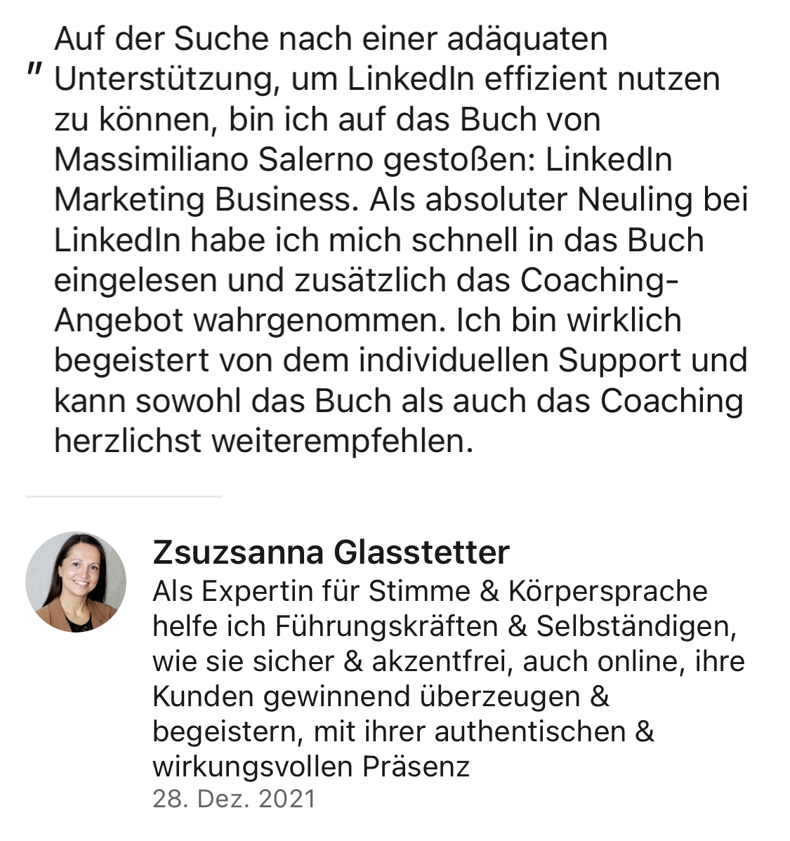 Zsuzsanna Glasstetter Testimonial Buch Linkedin Marketing Businessx von Massimiliano Salerno